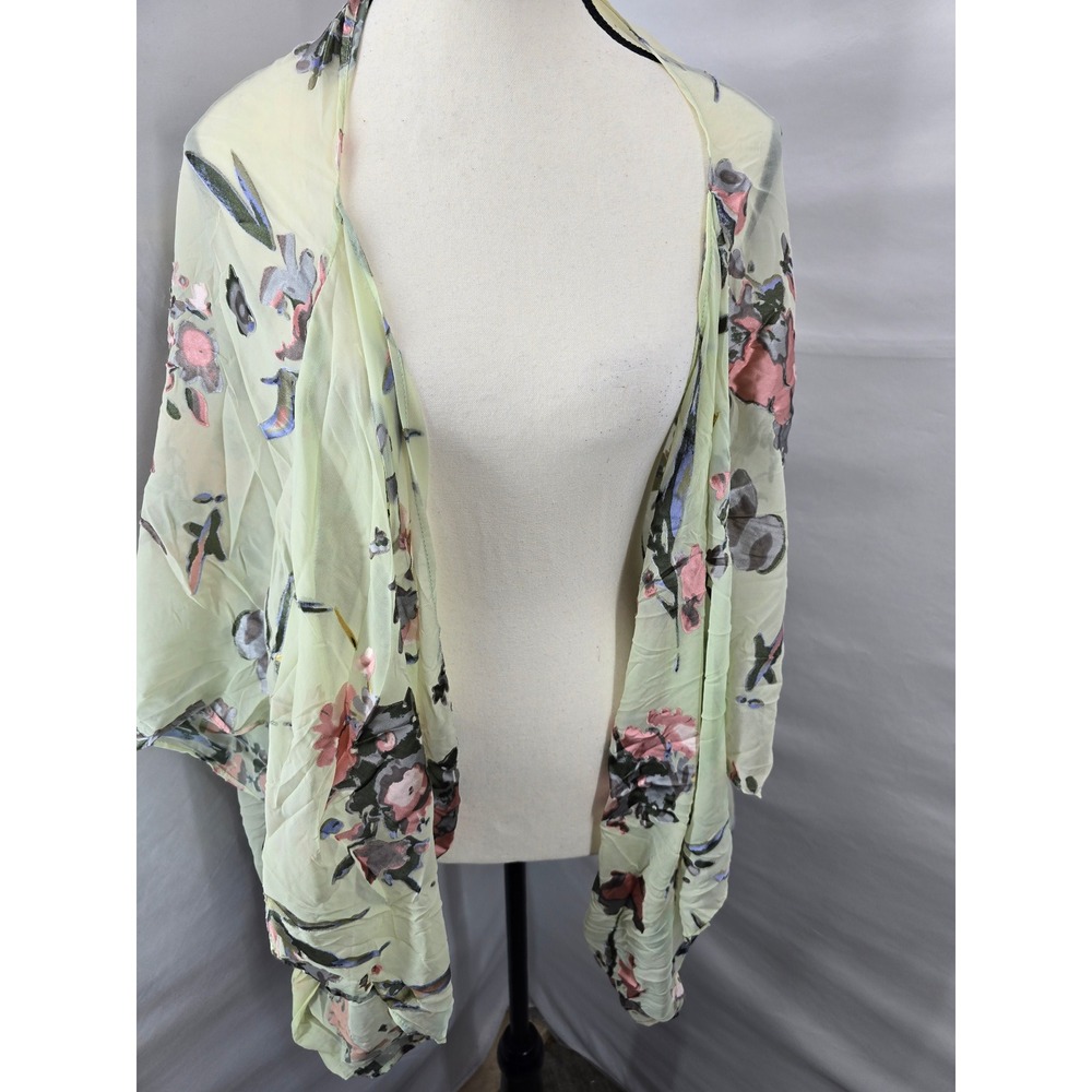Vince Camuto Floral Kimono Wrap Pale Green Pink Sheer Open Front Cover Up S/M
